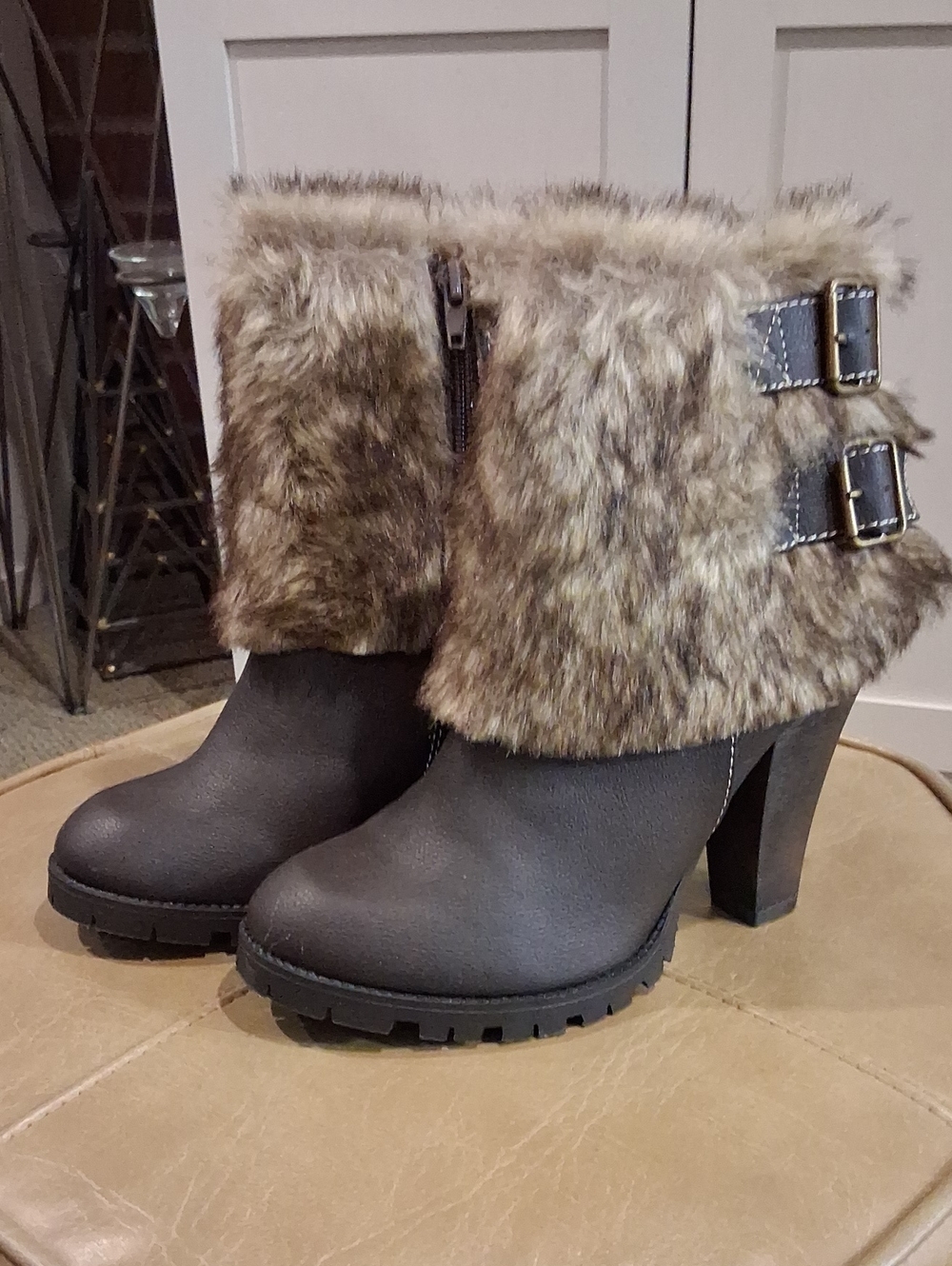 Soda Brown Faux Fur Cuff Buckle Ankle Boots